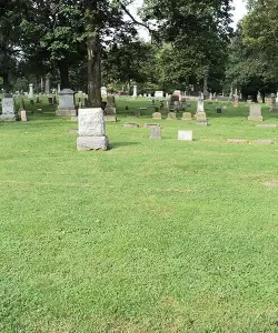 Headstones in a wooded cemetery