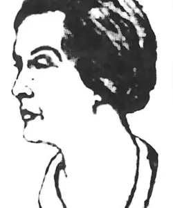 Crude illustration of a middle-aged woman's side profile, with raised eyebrows and short bobbed haircut.