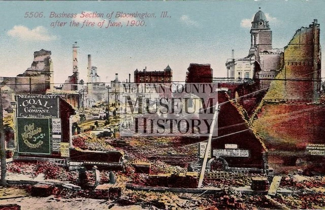 Postcard showing the aftermath of the fire which swept through Downtown Bloomington on June 19, 1900.