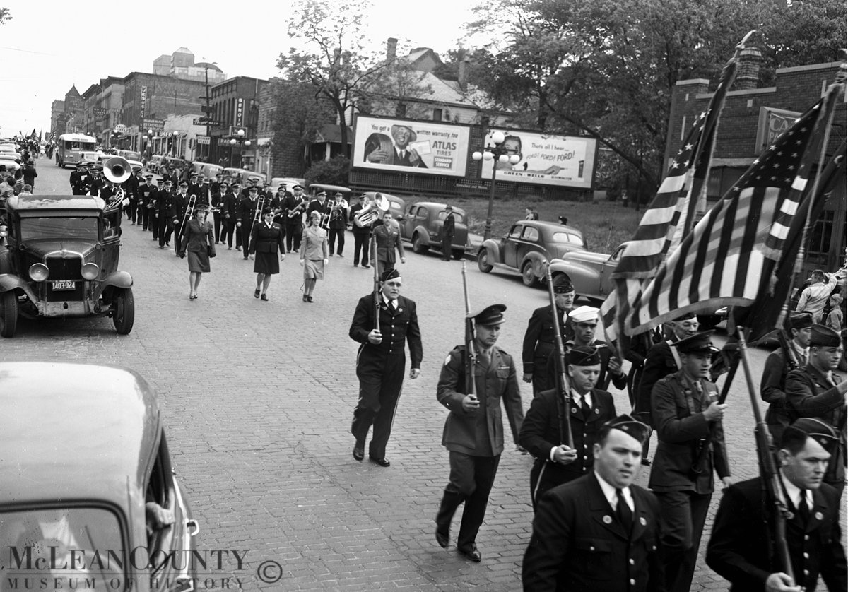 Bloomington Illinois 1947 Memorial Day parade heading south along the 200 and 300 blocks of South Main Street