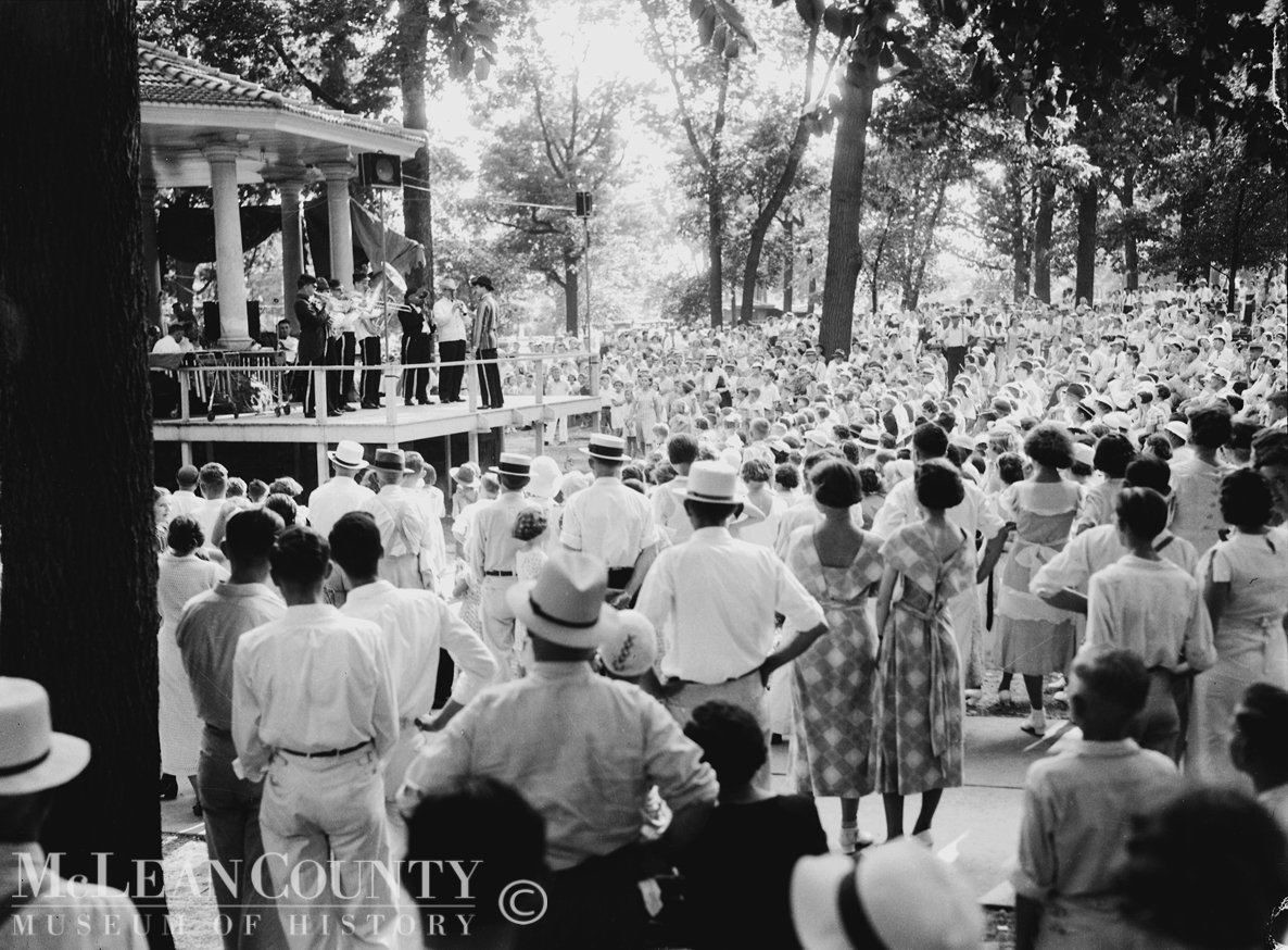 In late July 1935, a large crowd gathered at the Miller Park bandstand to listen to the Pumpernickel Band, also known as the Spinach Blowers