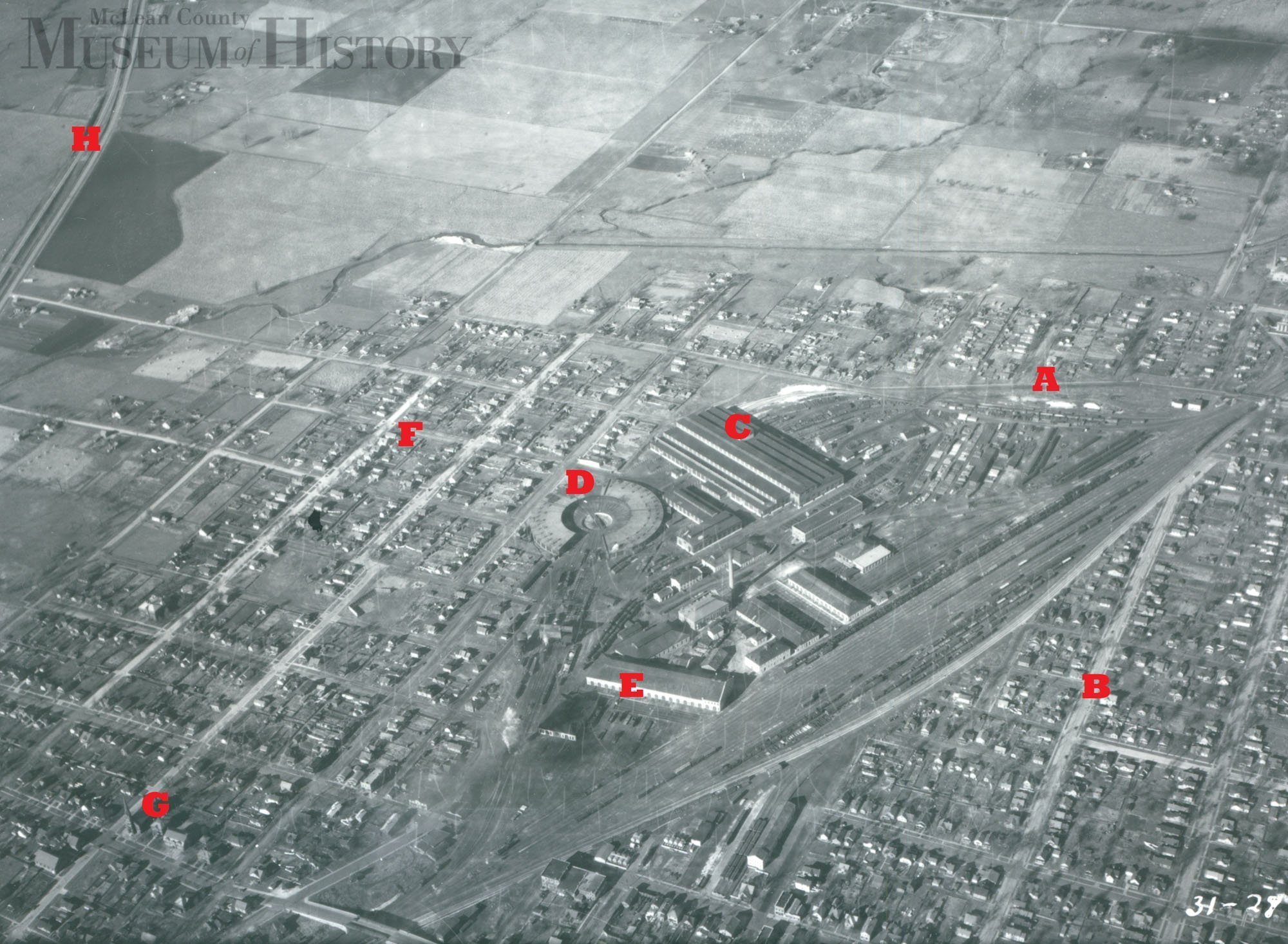 Aerial view of Chicago & Alton Railroad shops, undated.