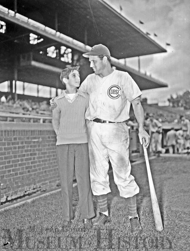 Junior baseball player meets Chicago Cubs player, 1947.